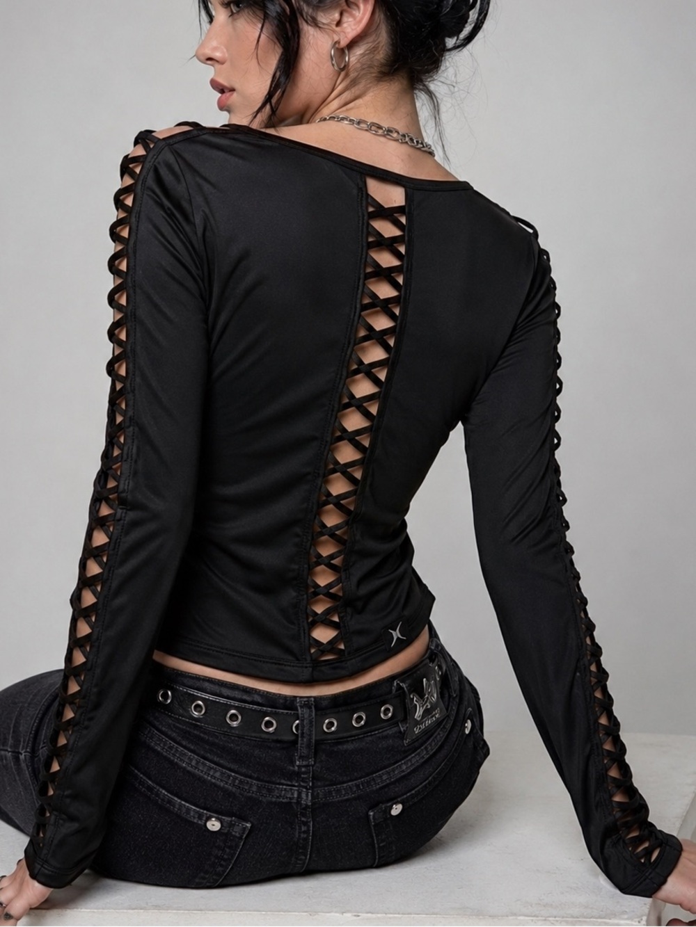 EXP Core Performance Black Cutout Long Sleeve Top Goth Y2K S
